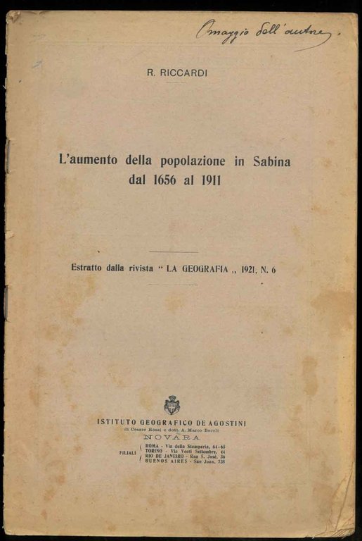 L'aumento della popolazione in Sabina dal 1656 al 1911. Estratto …