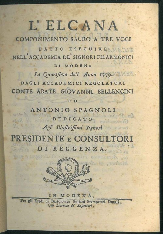 L' Elcana. Componimento sacro a tre voci fatto eseguire nell'Accademia …
