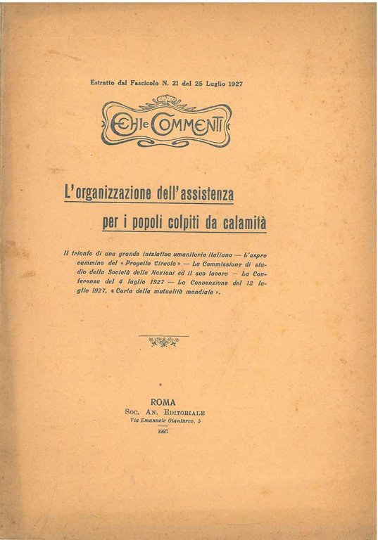 L' organizzazione dell'assistenza per i popoli colpiti da calamità Estratto …