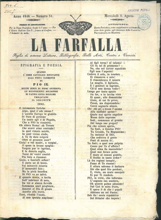 La Farfalla. Foglio di amena Lettura, Bibliografia, Belle Arti, Teatri …