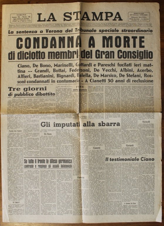 La sentenza a Verona del Tribunale speciale : Condanna a …