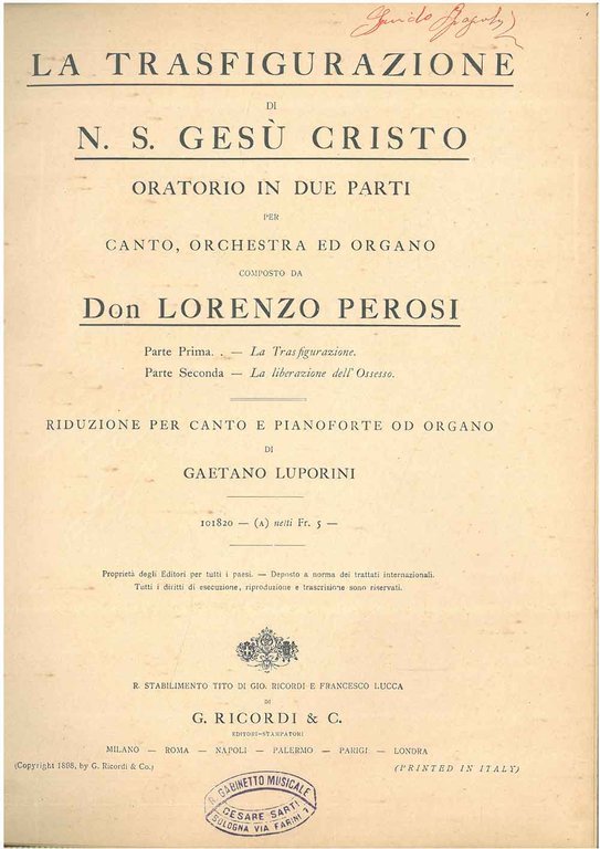 La trasfigurazione di N. S. Gesù Cristo. Oratorio in due …
