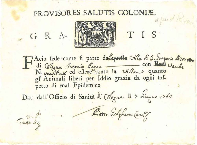 Lasciapassare intestato "Provisores salutis coloniae gratis" con silografia al centro