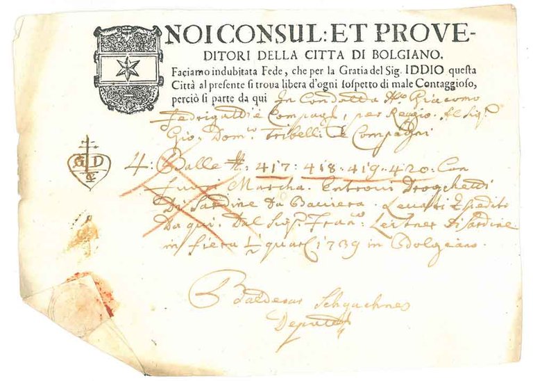 Lasciapassare: Noi consul: et proveditori della città di Bolgiano facciamo …