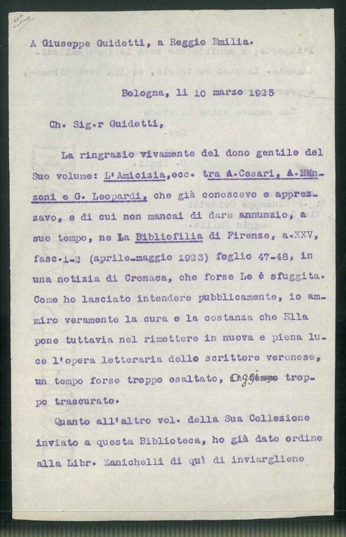 Lettera all'editore e tipografo Guidetti di Reggio Emilia in copia …