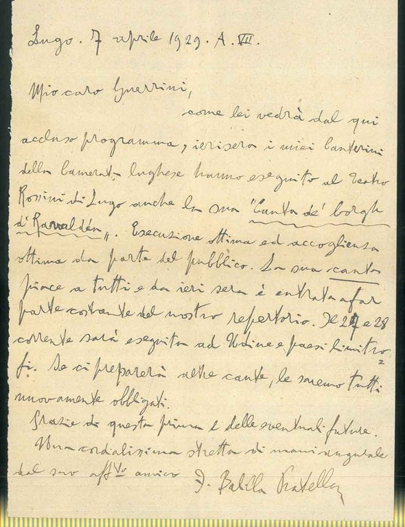 Lettera atografa di 11 righe manoscritte, datata 7 aprile 1929 …