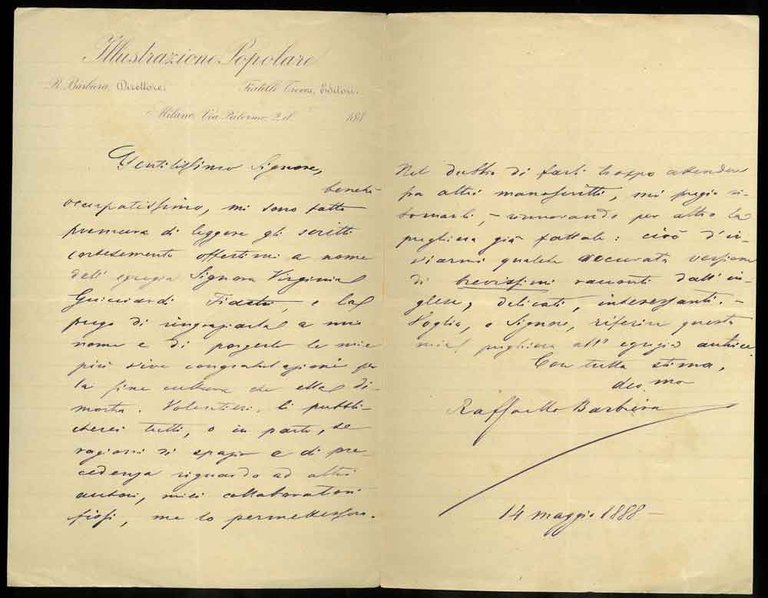 Lettera autografa ad un lettore intorno ai versi che gli …