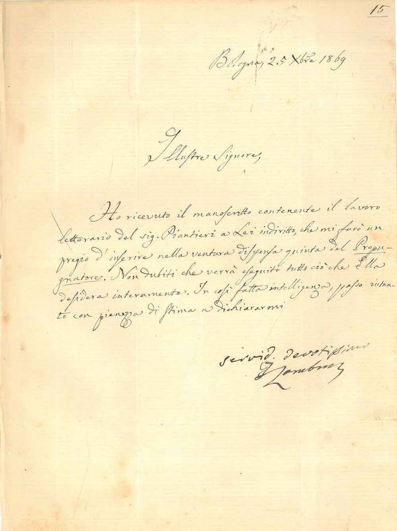 Lettera autografa e firmata da Zambrini di 6 righe in …