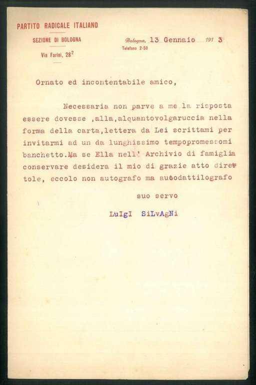 lettera dattiloscritta su doppio foglio intestato "Partito Radicale Italiano Sezione …