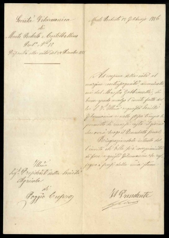 Lettera del Presidente della Società Filarmonica di Monte Roberto e …