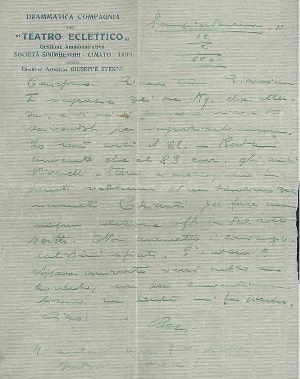 Lettera di due pagine su carta intestata: Drammatica compagnia del …
