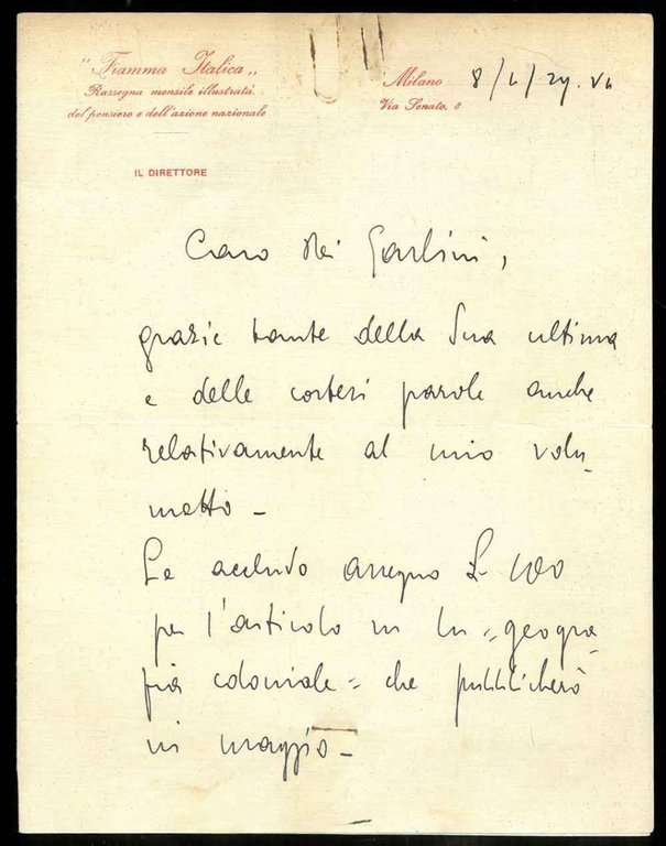 Lettera manoscritta dal direttore di "Fiamma Italica" a Mario dè …