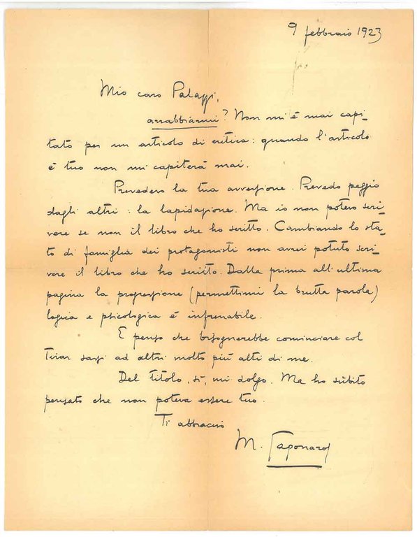 Lettera manoscritta e autografa di 15 righe inviata a Palazzi …