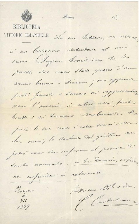 Lettera su carta intestata: "Biblioteca Vittorio Emanuele" e datata: "Roma, …