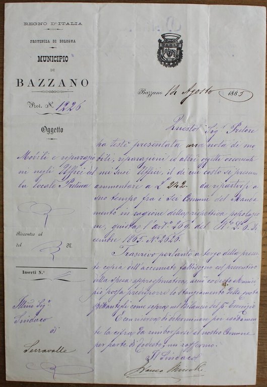 Lettera su carta intestata del sindaco di Bazzano a quello …