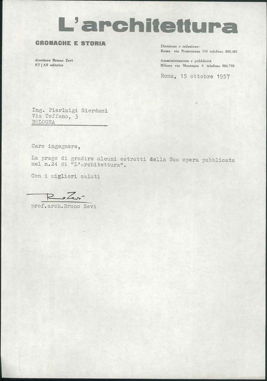 Lettera su carta intestata di rivista datata Roma, 15 Ottobre