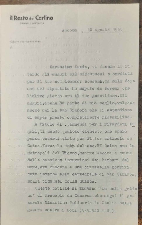 Lettera su carta intestata Il Resto del Carlino, dattiloscritta con …