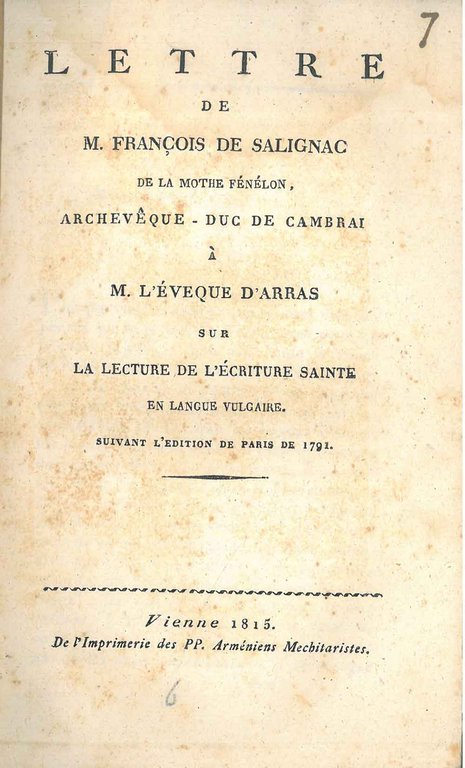 Lettre de M. François de Salignac de la Mothe Fénélon …