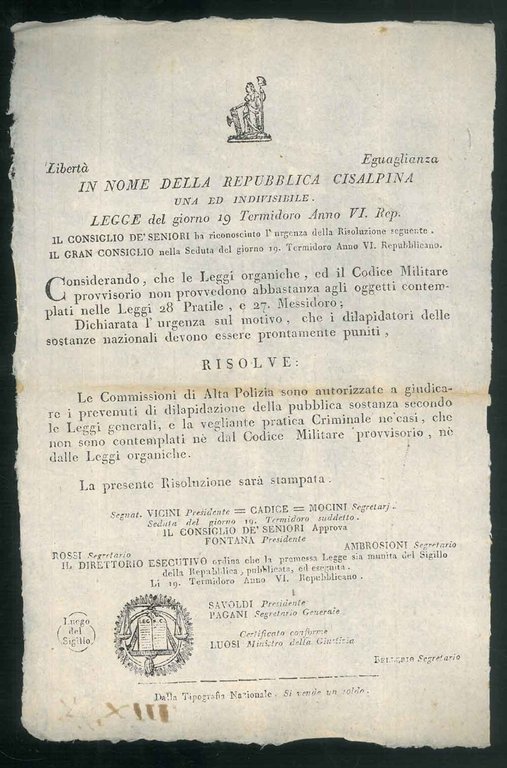 Libertà Eguaglianza. In nome della Repubblica Cisalpina. "Dichiara l'urgenza sul …