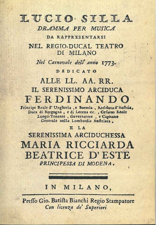 Lucio Silla. Dramma per musica in tre atti. Teatro alla …