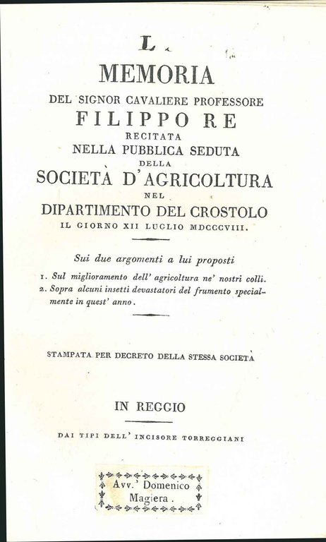Memoria recitata nella . società d'agricoltura nel dipartimento del Crostolo …