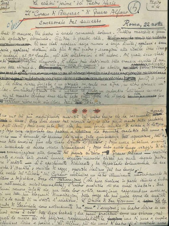 Minuta di un articolo: "Le celebri "prime" del Teatro Reale, …