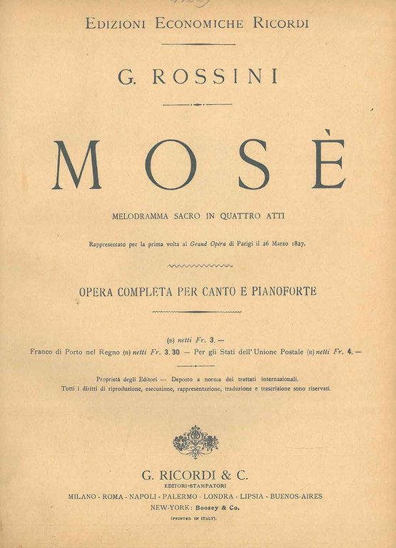 Mosè. Melodramma sacro in quattro atti. Opera completa per canto …