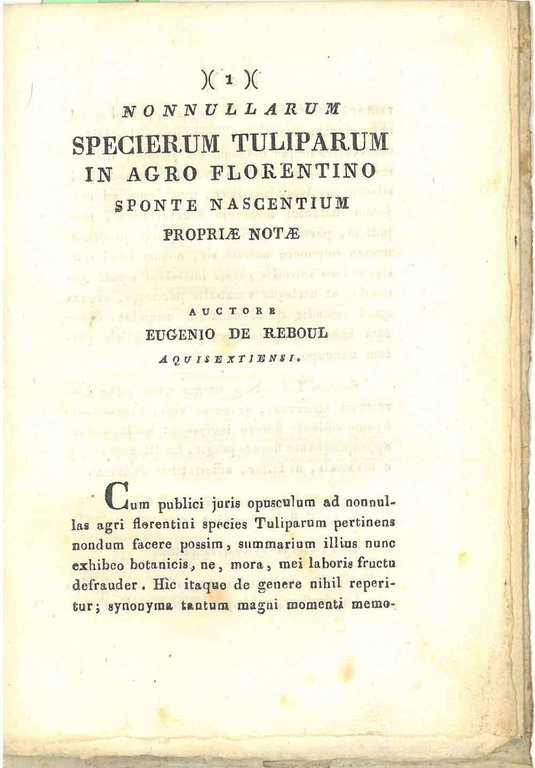 Nonnullarum Specimen Tuliparum in agro florentino sponte nascentium propiae notae. …