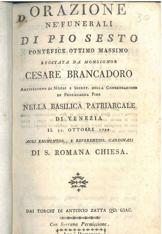Orazione nè funerali di Pio Sesto . nella basilica patriarcale …