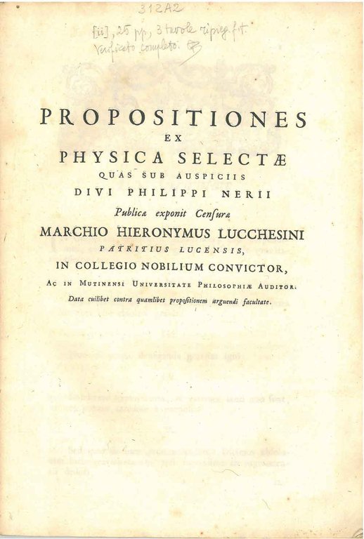 Propositiones ex physica selectae quas sub auspiciis divi Philippi Nerii …
