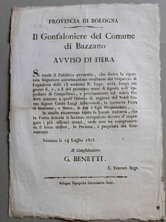 Provincia di Bologna. Il Gonfaloniere del Comune di Bazzano. Avviso …
