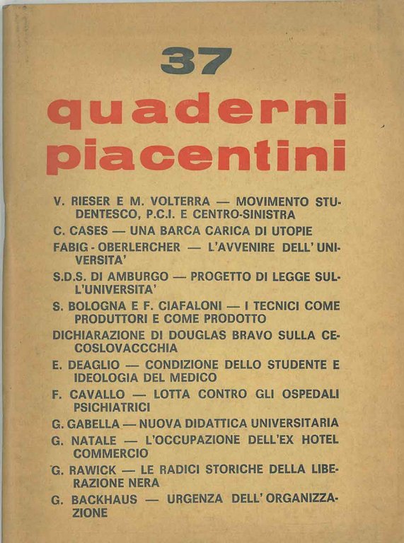Quaderni piacentini. Anno viii, n. 37, marzo 1969