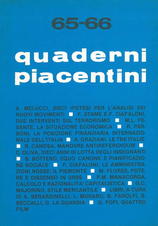Quaderni piacentini. Nr. 65 - 66, 1978