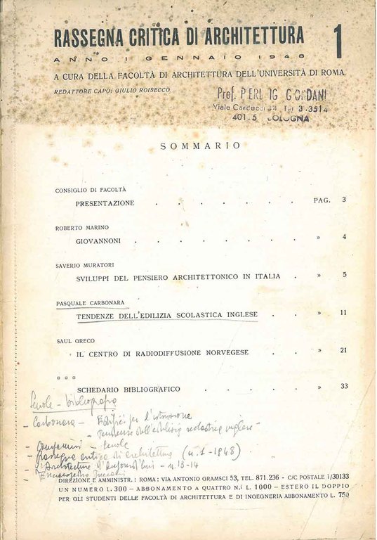 Rassegna critica di architettura. Anno I, Gennaio 1948, n. 1