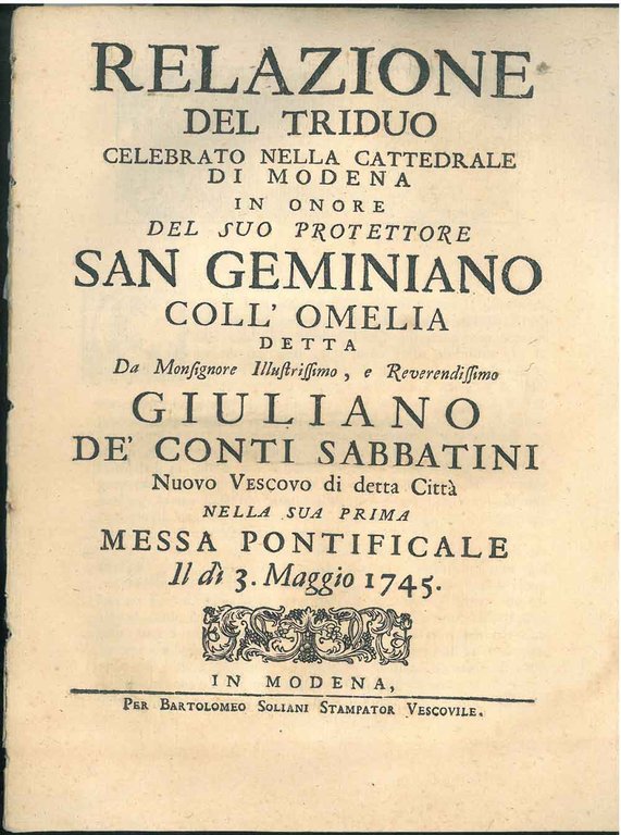 Relazione del triduo celebrato nella cattedrale di Modena in onore …