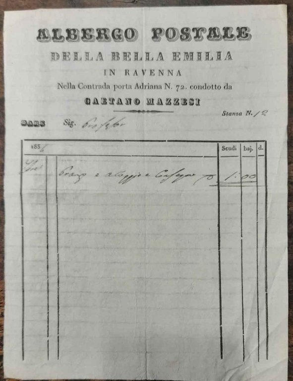 Ricevuta dell' Albergo Postale della Bella Emilia in Ravenna nella …