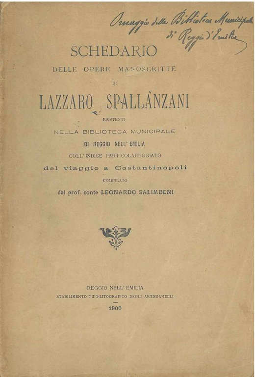 Schedario delle opere manoscritte di Lazzaro Spallanzani esistenti nella biblioteca …