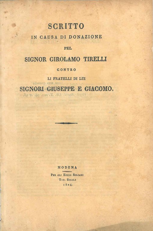 Scritto in causa di donazione del Signor Girolamo Tirelli contro …