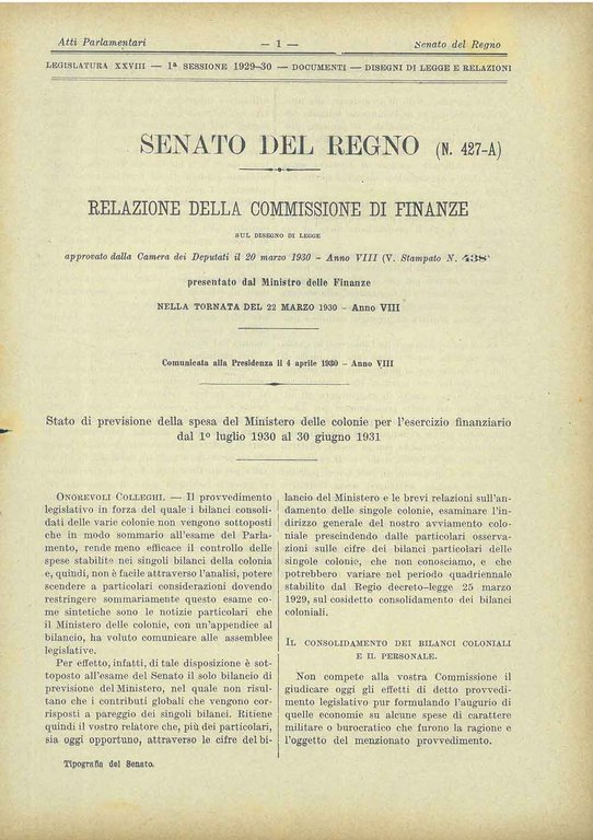 Stato di previsione della spesa del Ministero delle colonie per …