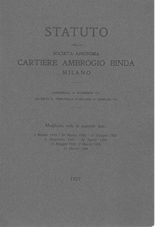 Statuto della società anonima cartiere Ambrogio Binda