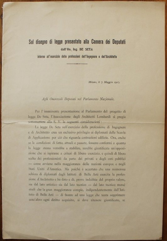 Sul disegno di legge presentato alla Camera dei Deputati intorno …