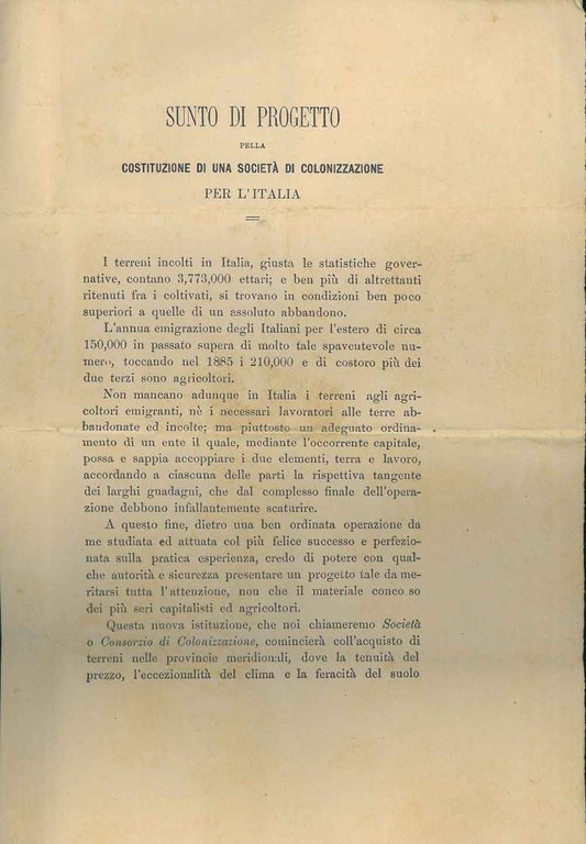 Sunto di progetto pella costituzione di una società di colonizzazione …