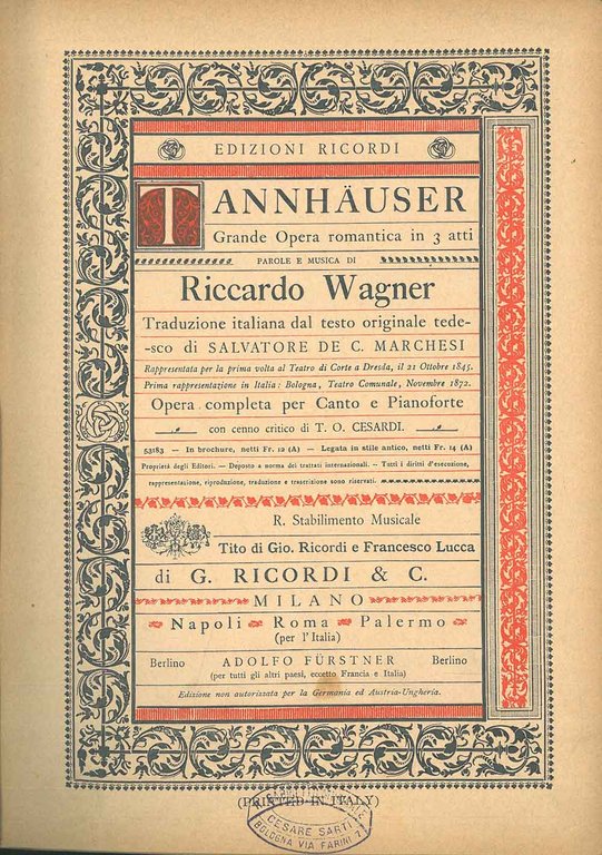 Tannhauser. Grande opera romantica in 3 atti. Opera completa per …