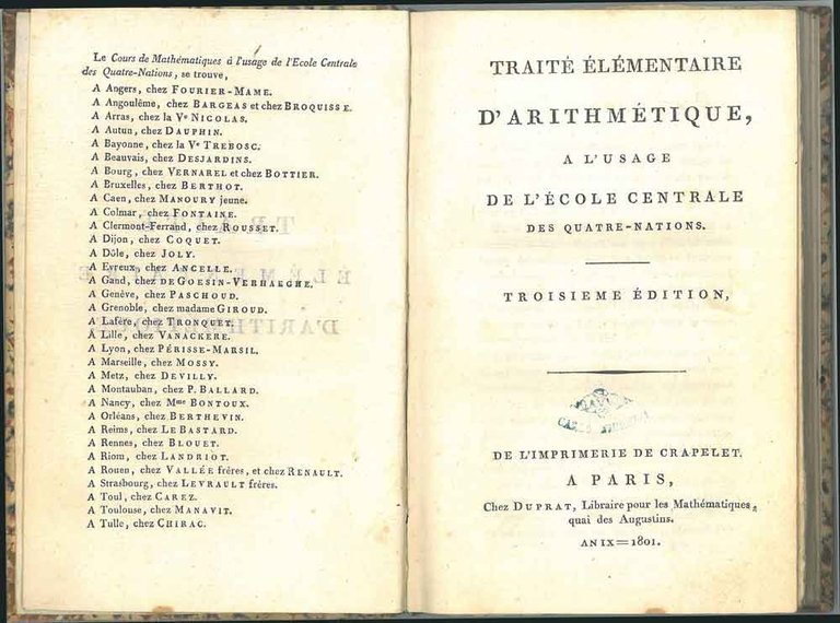 Traité élémentaire d'arithmétique à l'usage de l'école centrale des quatre-nations