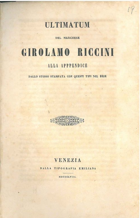 Ultimatum del marchese Girolamo Riccini alla appendice dallo stesso stampata …