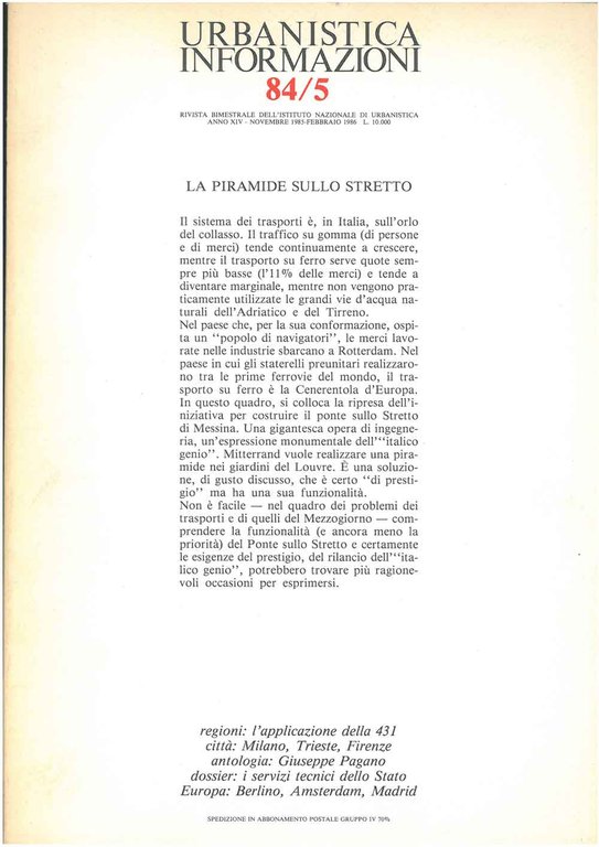 Urbanistica informazioni 84/5. Rivista bimestrale dell'INU, anno XIV, novembre 1985-febbraio …