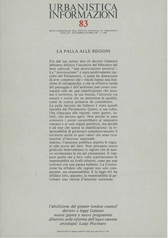 Urbanistica informazioni. Rivista bimestrale dell'Istituto Nazionale di Urbanistica. n. 83, …