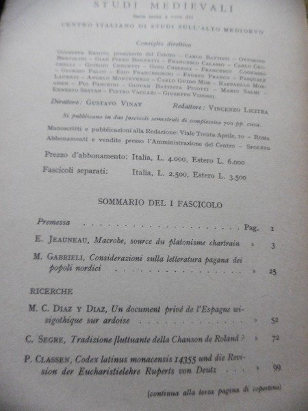 STUDI MEDIEVALI FASCICOLO 1 GIUGNO 1960 TRADUZIONE FLUTTUANTE DELLA CHANSON …