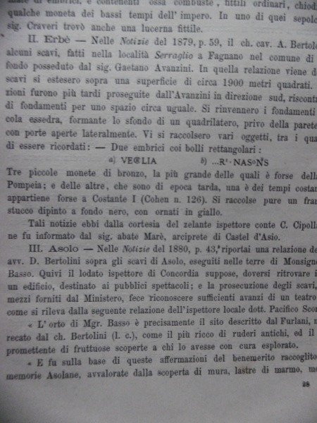 ERBE' LOCALITA' SERRAGLIO A FAGNANO NOTIZIE DI SCAVI ROMA TIP.SALVIUCCI …