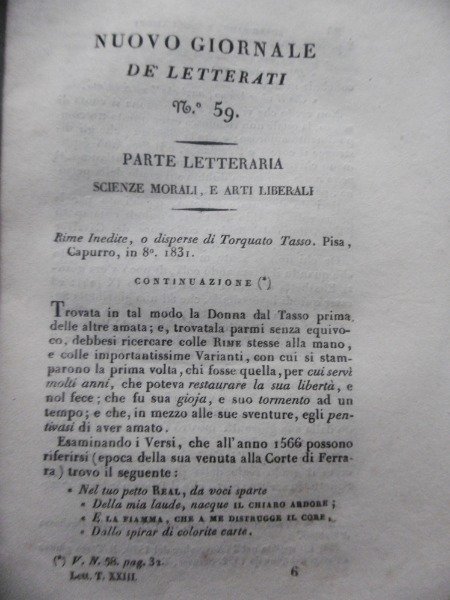 NUOVO GIORNALE DE LETTERATI N.59 1831 RIME INEDITE O DISPERSE …